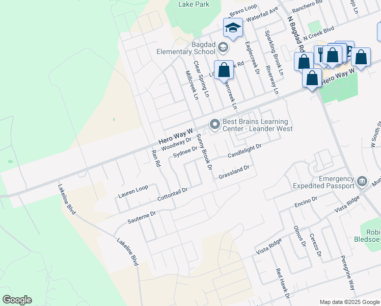 map of restaurants, bars, coffee shops, grocery stores, and more near 2010 Sydnee Drive in Leander