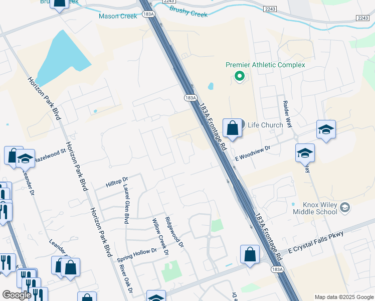 map of restaurants, bars, coffee shops, grocery stores, and more near 924 Anahuac Drive in Leander