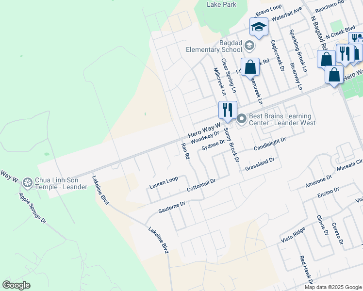 map of restaurants, bars, coffee shops, grocery stores, and more near 401 Ran in Leander