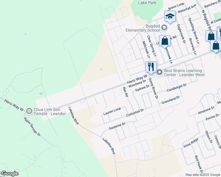 map of restaurants, bars, coffee shops, grocery stores, and more near 13151 Old Farm to Market Road 2243 in Leander
