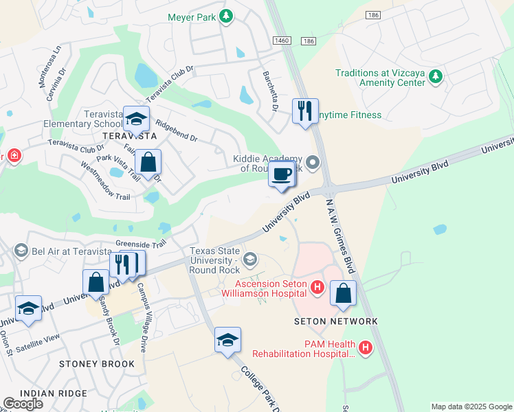 map of restaurants, bars, coffee shops, grocery stores, and more near 2100 University Boulevard in Round Rock