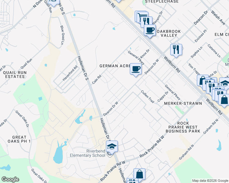 map of restaurants, bars, coffee shops, grocery stores, and more near 3007 Old Ironsides Drive in College Station