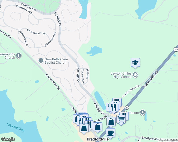 map of restaurants, bars, coffee shops, grocery stores, and more near 7341 Hollis Street in Tallahassee
