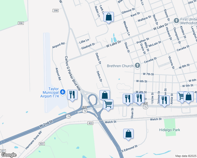 map of restaurants, bars, coffee shops, grocery stores, and more near 703 Debra Drive in Taylor