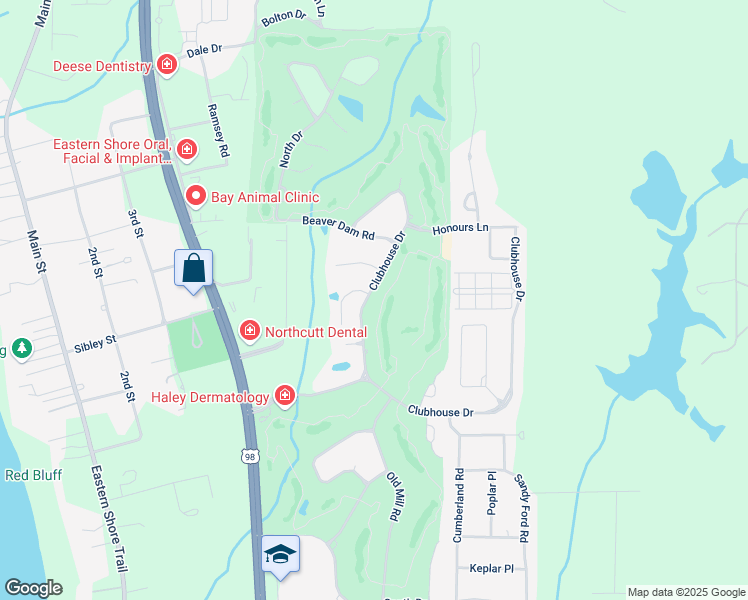 map of restaurants, bars, coffee shops, grocery stores, and more near 118 Clubhouse Drive in Fairhope