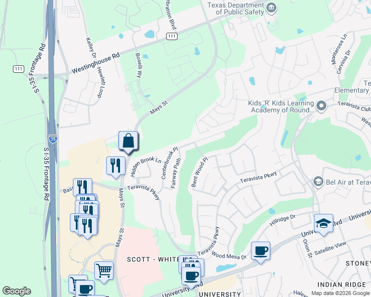 map of restaurants, bars, coffee shops, grocery stores, and more near 607 Centerbrook Place in Round Rock