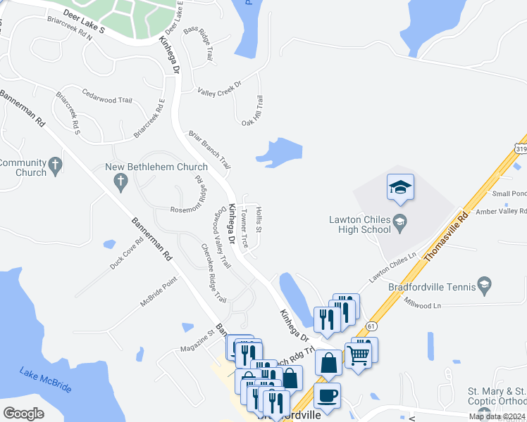 map of restaurants, bars, coffee shops, grocery stores, and more near 7347 Hollis Street in Tallahassee