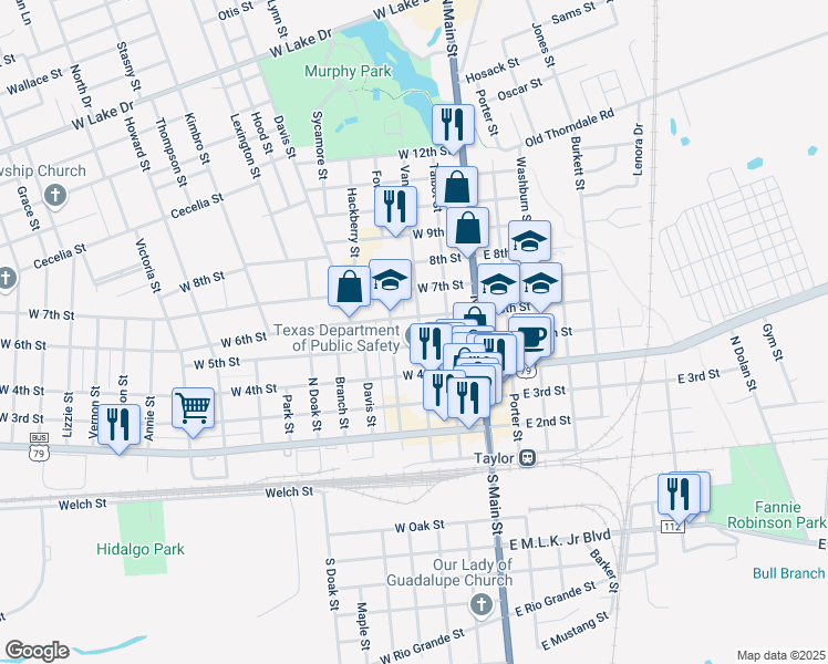 map of restaurants, bars, coffee shops, grocery stores, and more near 511 Vance Street in Taylor