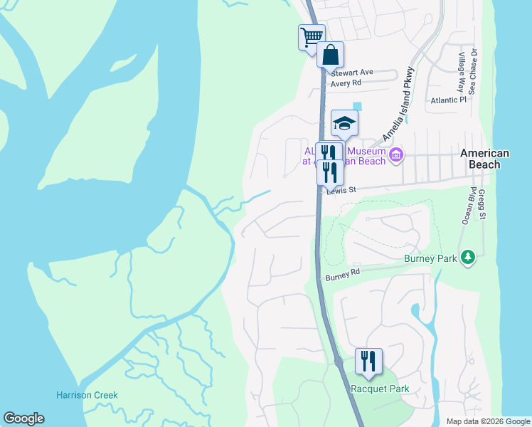 map of restaurants, bars, coffee shops, grocery stores, and more near 1365 Harrison Point Trail in Fernandina Beach
