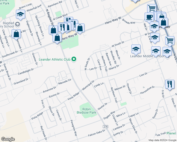 map of restaurants, bars, coffee shops, grocery stores, and more near 912 Lee Drive in Leander