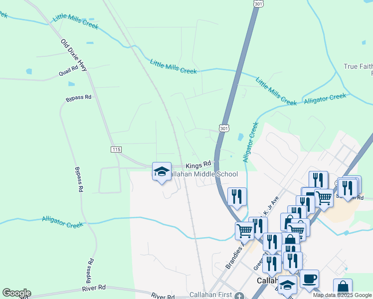 map of restaurants, bars, coffee shops, grocery stores, and more near 45105 White Road in Callahan