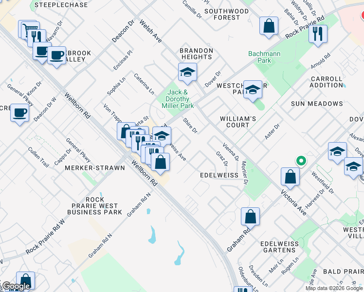 map of restaurants, bars, coffee shops, grocery stores, and more near 302 Landsburg Lane in College Station
