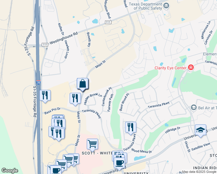 map of restaurants, bars, coffee shops, grocery stores, and more near 544 Centerbrook Place in Round Rock
