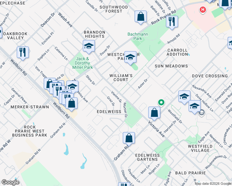 map of restaurants, bars, coffee shops, grocery stores, and more near 3601 Vienna Drive in College Station
