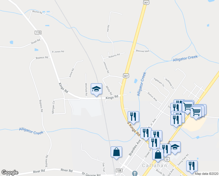 map of restaurants, bars, coffee shops, grocery stores, and more near 45029 White Road in Callahan