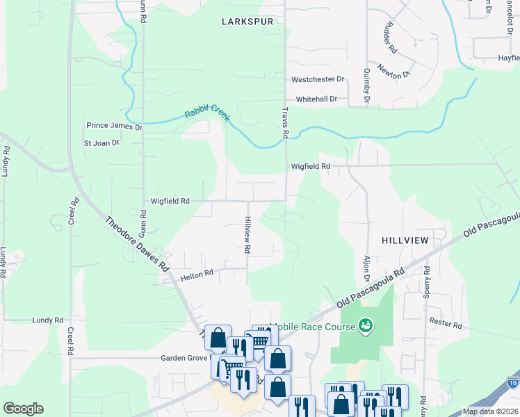 map of restaurants, bars, coffee shops, grocery stores, and more near 7326 Wigfield Road in Theodore