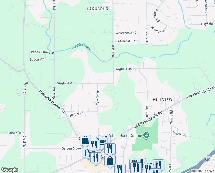 map of restaurants, bars, coffee shops, grocery stores, and more near 7326 Wigfield Road in Theodore