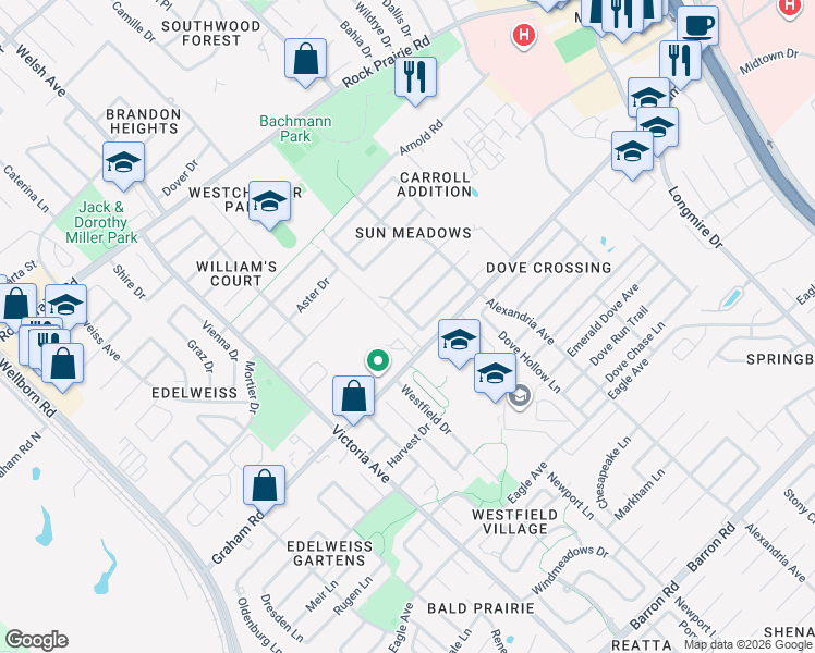 map of restaurants, bars, coffee shops, grocery stores, and more near 3632 Hollyhock Street in College Station