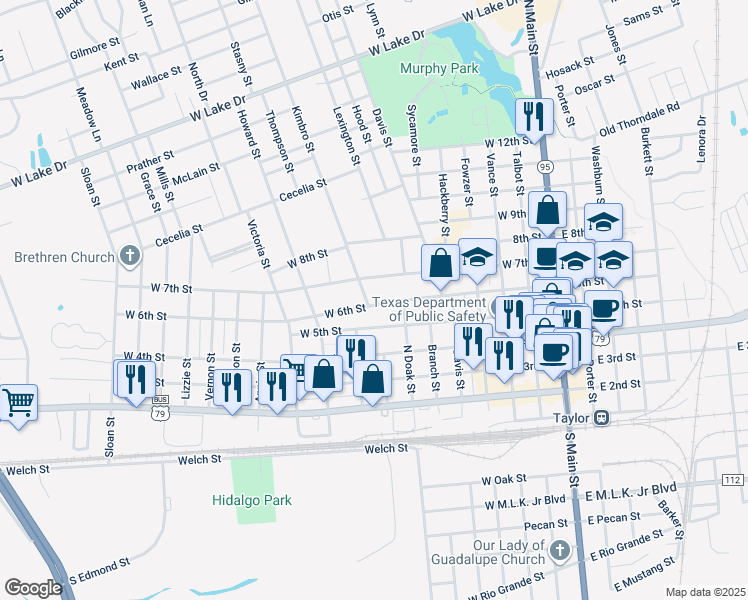 map of restaurants, bars, coffee shops, grocery stores, and more near 721 West 6th Street in Taylor