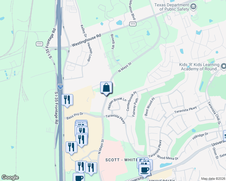 map of restaurants, bars, coffee shops, grocery stores, and more near 404 Hidden Brook Lane in Round Rock