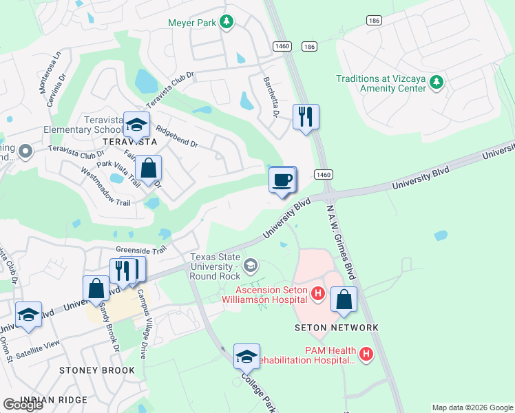 map of restaurants, bars, coffee shops, grocery stores, and more near 2100 University Boulevard in Round Rock