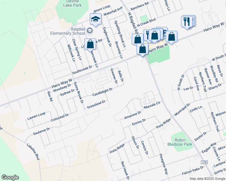 map of restaurants, bars, coffee shops, grocery stores, and more near 1702 Candlelight Drive in Leander