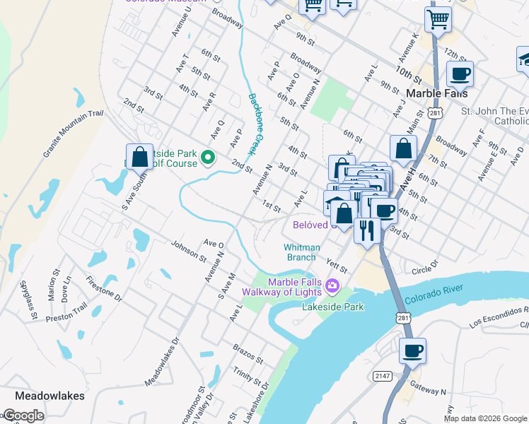 map of restaurants, bars, coffee shops, grocery stores, and more near 98 Avenue M in Marble Falls