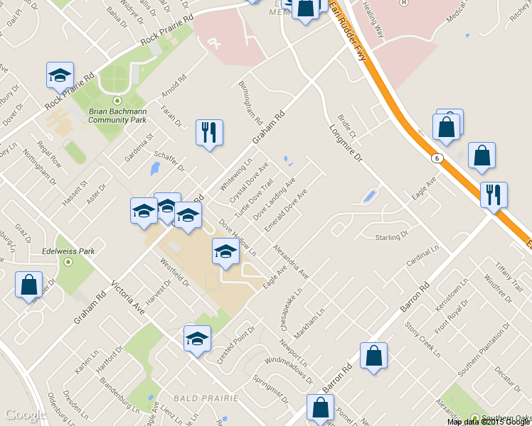 map of restaurants, bars, coffee shops, grocery stores, and more near 903 Emerald Dove Avenue in College Station