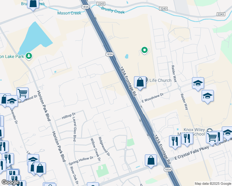 map of restaurants, bars, coffee shops, grocery stores, and more near 900 County Road 271 in Leander