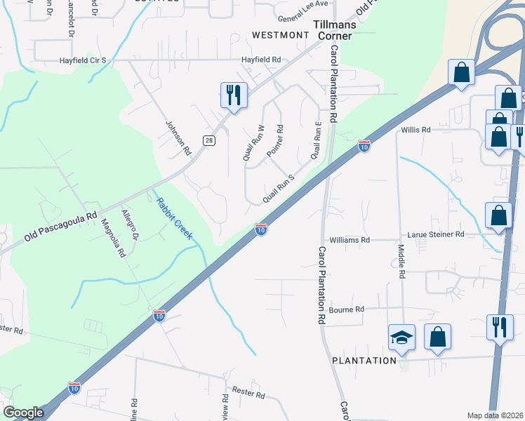 map of restaurants, bars, coffee shops, grocery stores, and more near 6225 Quail Run South in Theodore