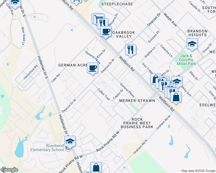 map of restaurants, bars, coffee shops, grocery stores, and more near 3216 Airborne Avenue in College Station