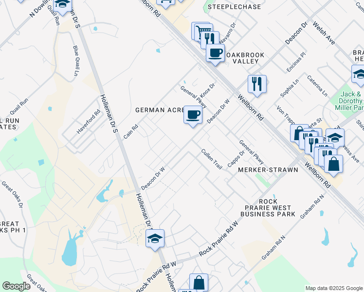 map of restaurants, bars, coffee shops, grocery stores, and more near 3019 Papa Bear Drive in College Station