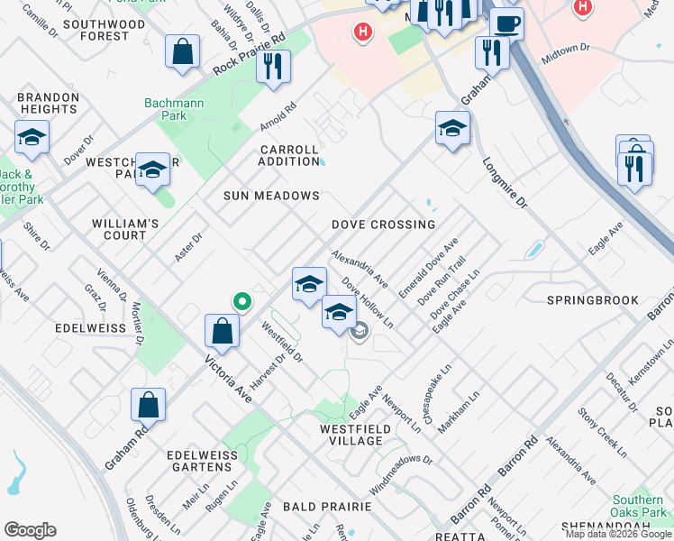 map of restaurants, bars, coffee shops, grocery stores, and more near 3718 Dove Hollow Lane in College Station