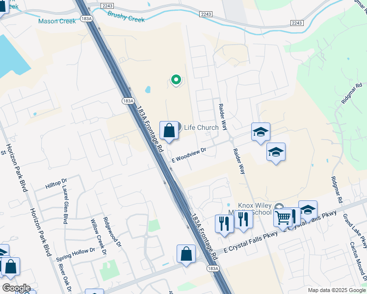 map of restaurants, bars, coffee shops, grocery stores, and more near 1393 East Woodview Drive in Leander