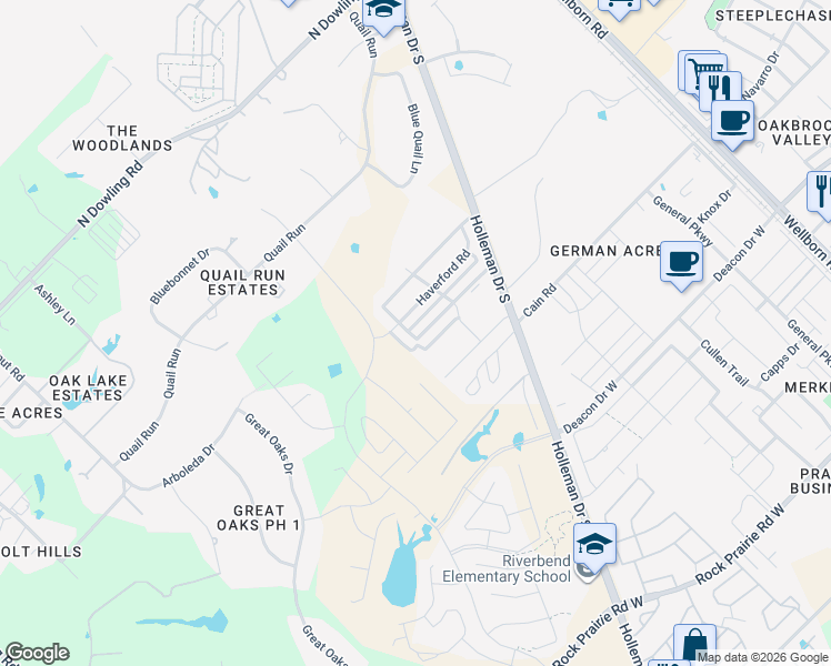 map of restaurants, bars, coffee shops, grocery stores, and more near 3633 Kenyon Drive in College Station