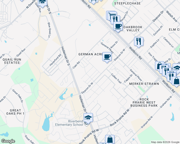 map of restaurants, bars, coffee shops, grocery stores, and more near 2916 Old Ironsides Drive in College Station