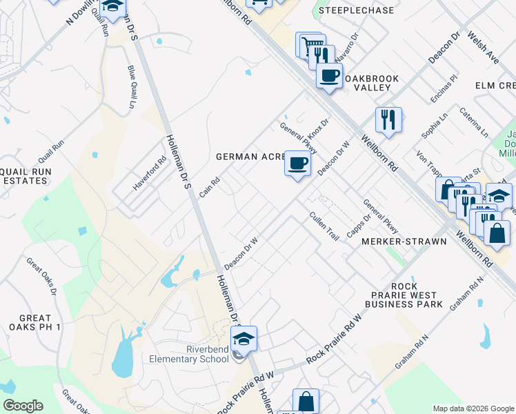 map of restaurants, bars, coffee shops, grocery stores, and more near 3007 Old Ironsides Drive in College Station