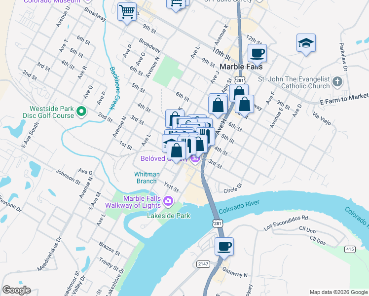 map of restaurants, bars, coffee shops, grocery stores, and more near 908 3rd Street in Marble Falls