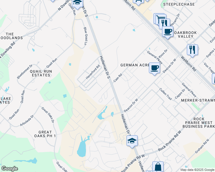 map of restaurants, bars, coffee shops, grocery stores, and more near 3517 Paloma Ridge Drive in College Station