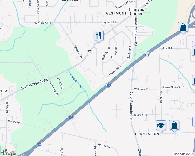 map of restaurants, bars, coffee shops, grocery stores, and more near 5725 Woodchase Circle East in Theodore