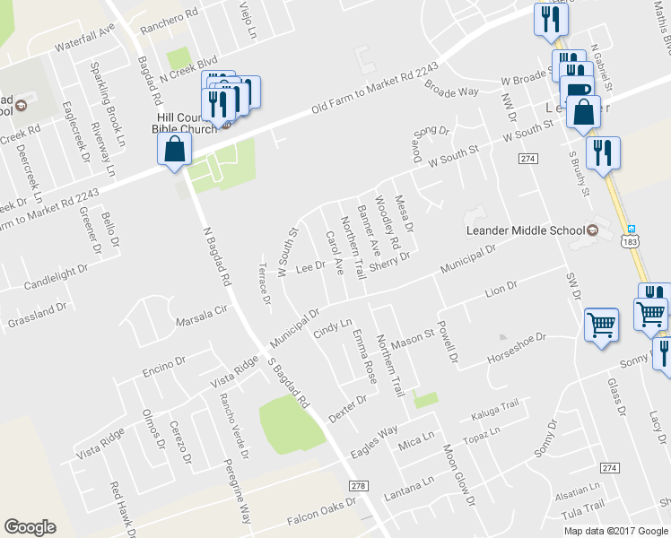map of restaurants, bars, coffee shops, grocery stores, and more near 303 Carol Avenue in Leander
