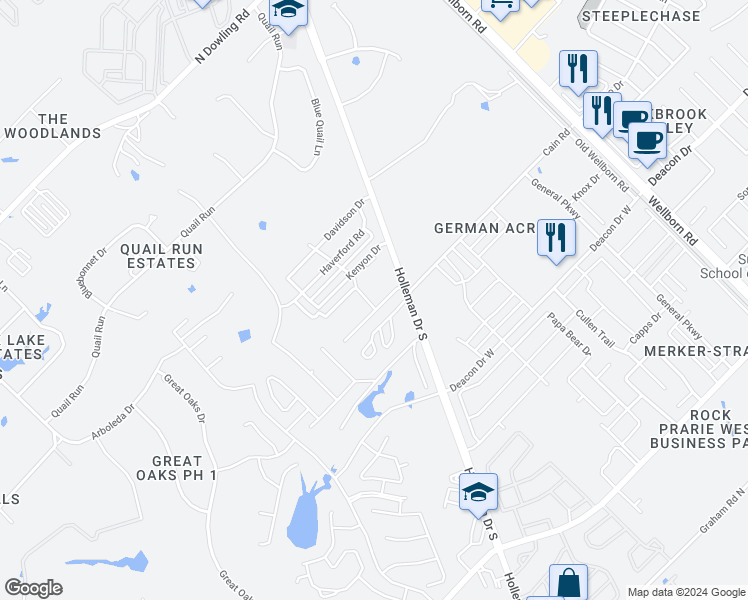 map of restaurants, bars, coffee shops, grocery stores, and more near 3520 Paloma Ridge Drive in College Station