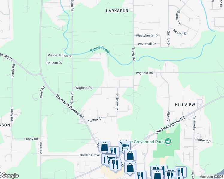 map of restaurants, bars, coffee shops, grocery stores, and more near 7376 Wigfield Court in Mobile