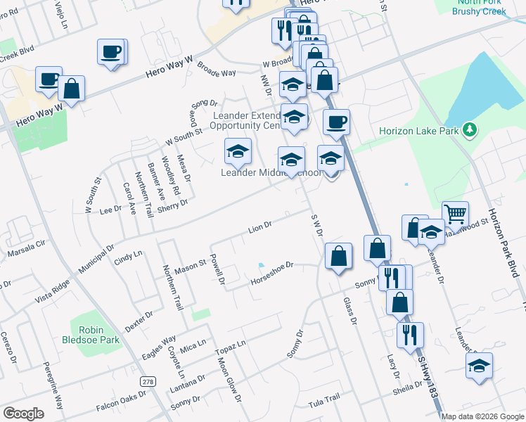 map of restaurants, bars, coffee shops, grocery stores, and more near 415 Lion Drive in Leander