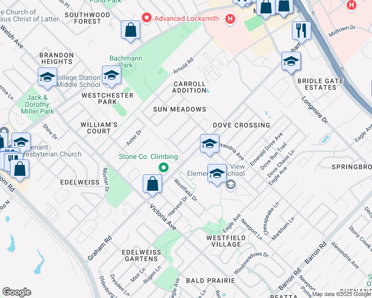 map of restaurants, bars, coffee shops, grocery stores, and more near 3632 Hollyhock Street in College Station