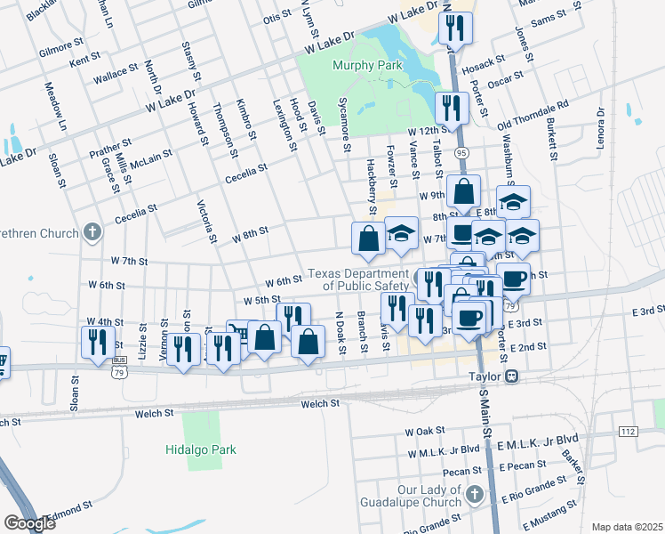 map of restaurants, bars, coffee shops, grocery stores, and more near 616 West 5th Street in Taylor