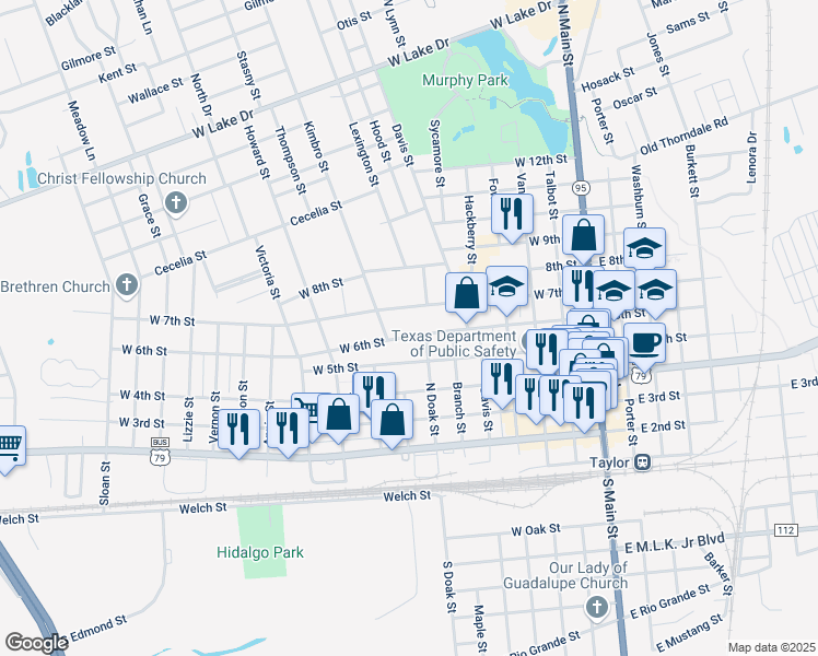 map of restaurants, bars, coffee shops, grocery stores, and more near 721 West 6th Street in Taylor