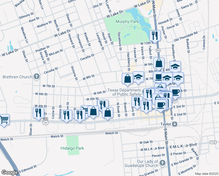map of restaurants, bars, coffee shops, grocery stores, and more near 721 West 6th Street in Taylor