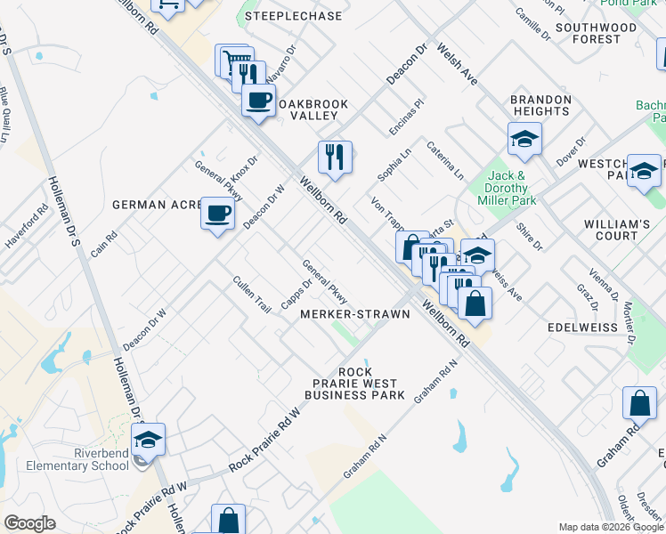 map of restaurants, bars, coffee shops, grocery stores, and more near 3209 Sergeant Drive in College Station