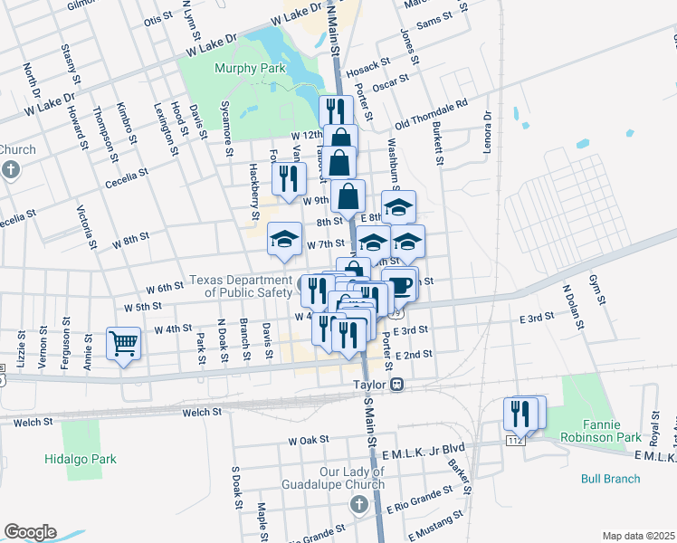 map of restaurants, bars, coffee shops, grocery stores, and more near 115 West 6th Street in Taylor